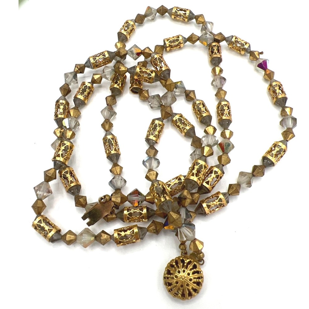 Vtg Double Strand 18" Beaded Necklace Gold Tone AB Crystal Bicone Filigree Tubes
